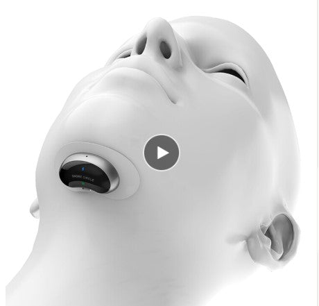 HexoCare anti snore biosensor device attached to the chin of a white 3D anatomical head model.