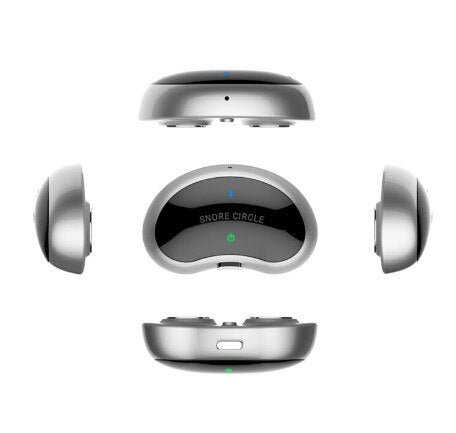 HexoCare anti snore biosensor device in silver, shown from top, bottom, and side views.
