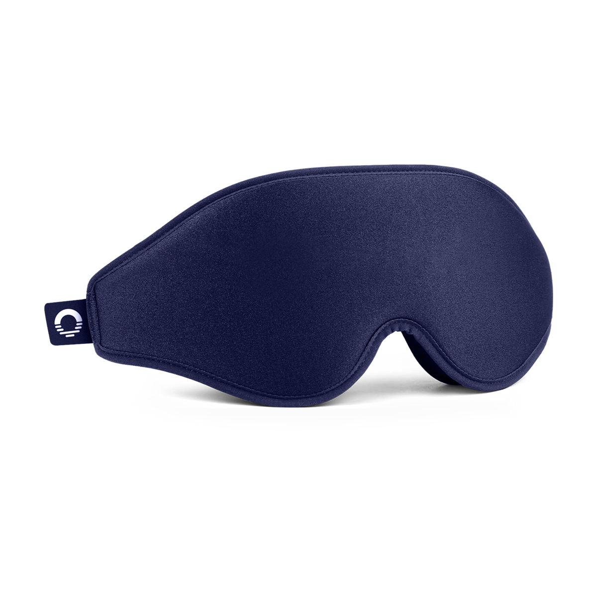 Ozlo sleep mask in dark blue with a 3D contoured design and a side brand tag.