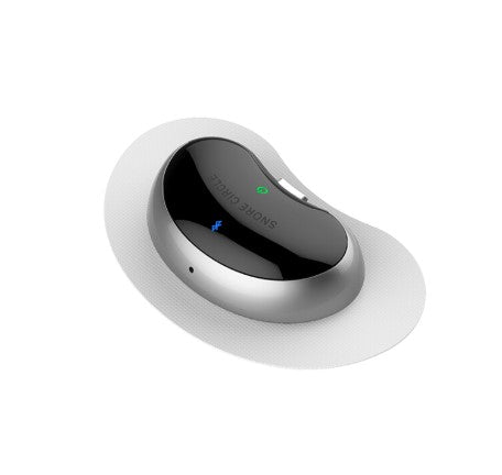 HexoCare anti snore biosensor, silver and black oval device on a white adhesive patch.