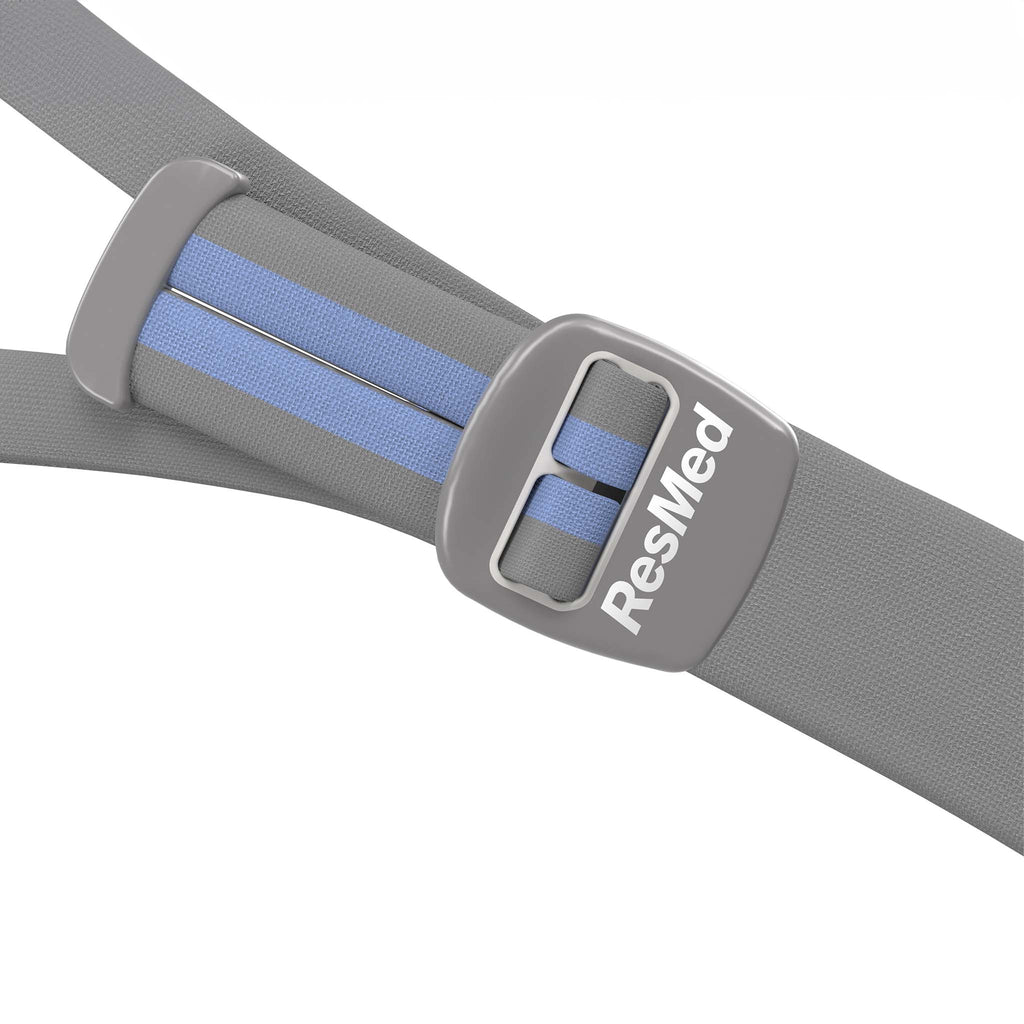 ResMed headgear strap detail in grey with blue accents and an adjustable plastic clip