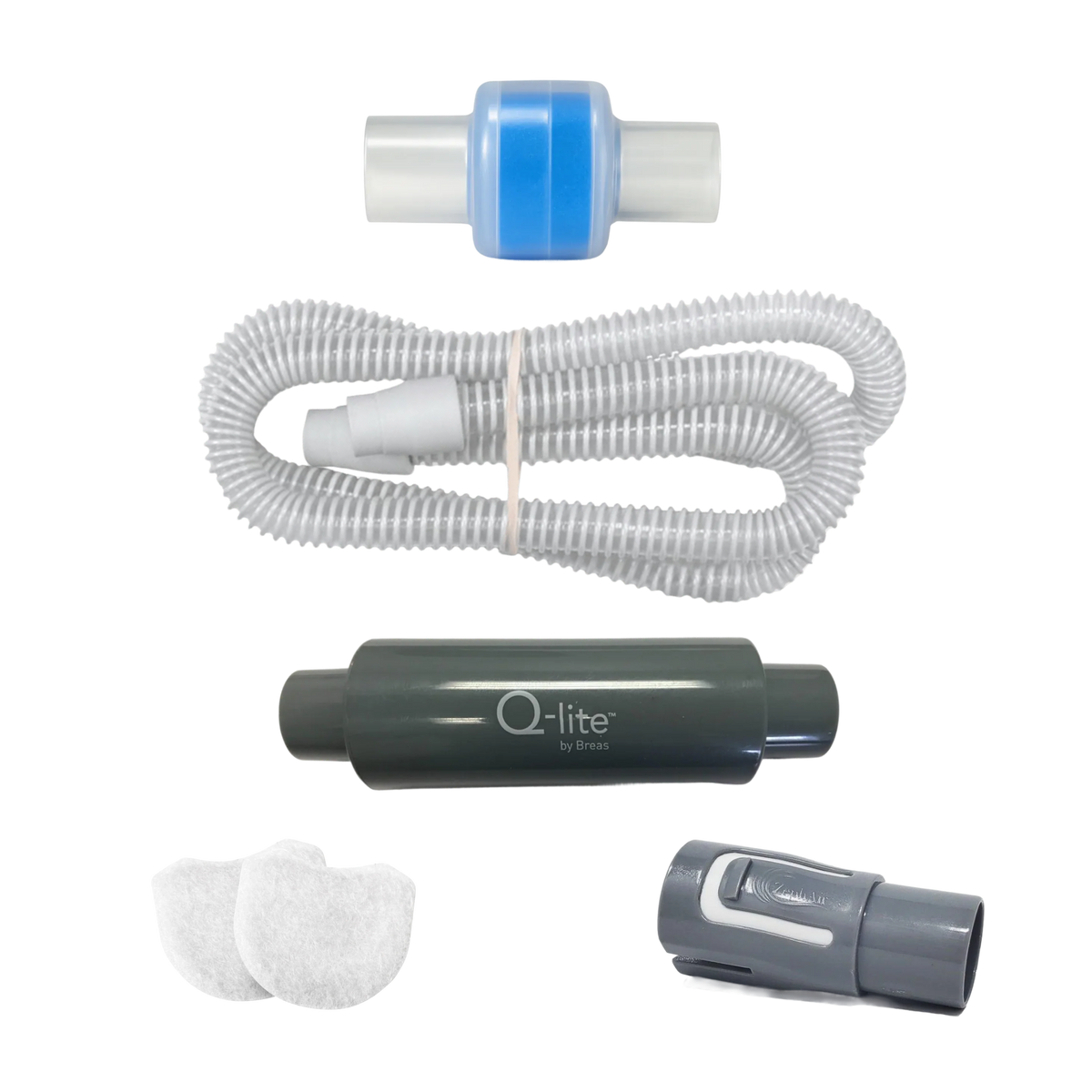 AirMini Noise Cancelling Kit including gray Q-lite muffler, white tubing, filter pads, and blue adapter.