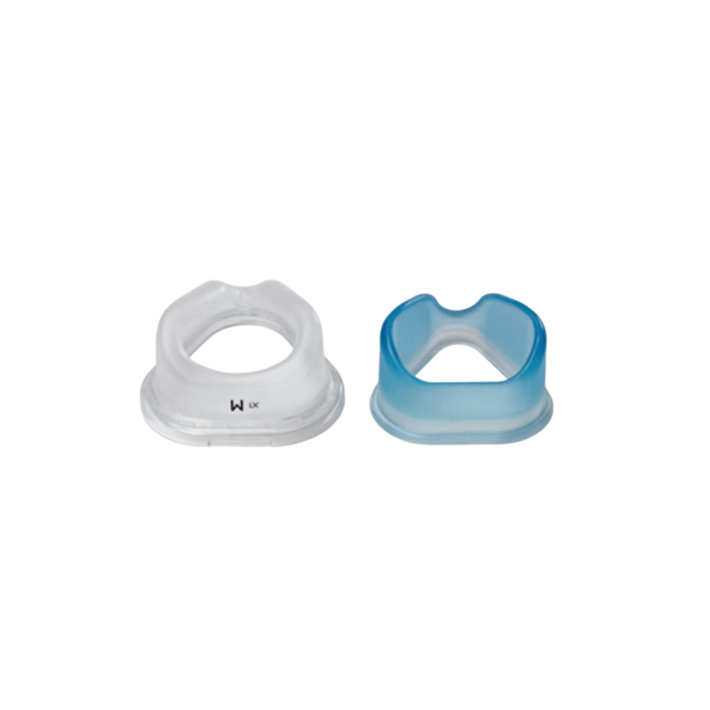 Philips Respironics ComfortGel nasal cushions in clear and blue colors shown side-by-side.