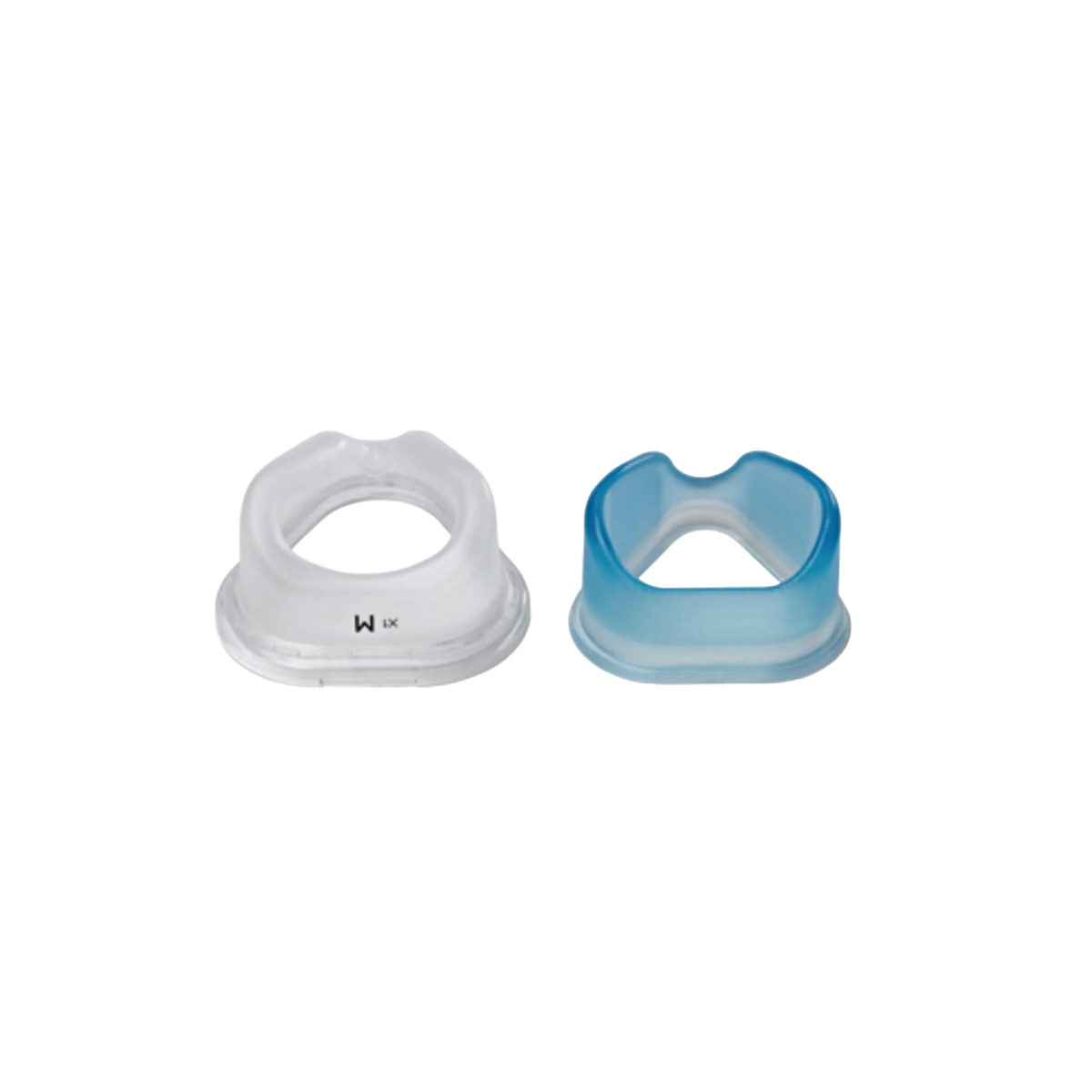 Philips Respironics ComfortGel nasal cushions in clear and blue colors shown side-by-side.
