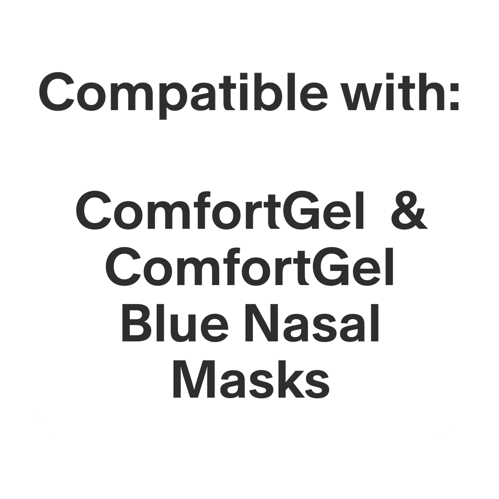 Compatibility text stating ComfortGel and ComfortGel Blue Nasal Masks on a black background.