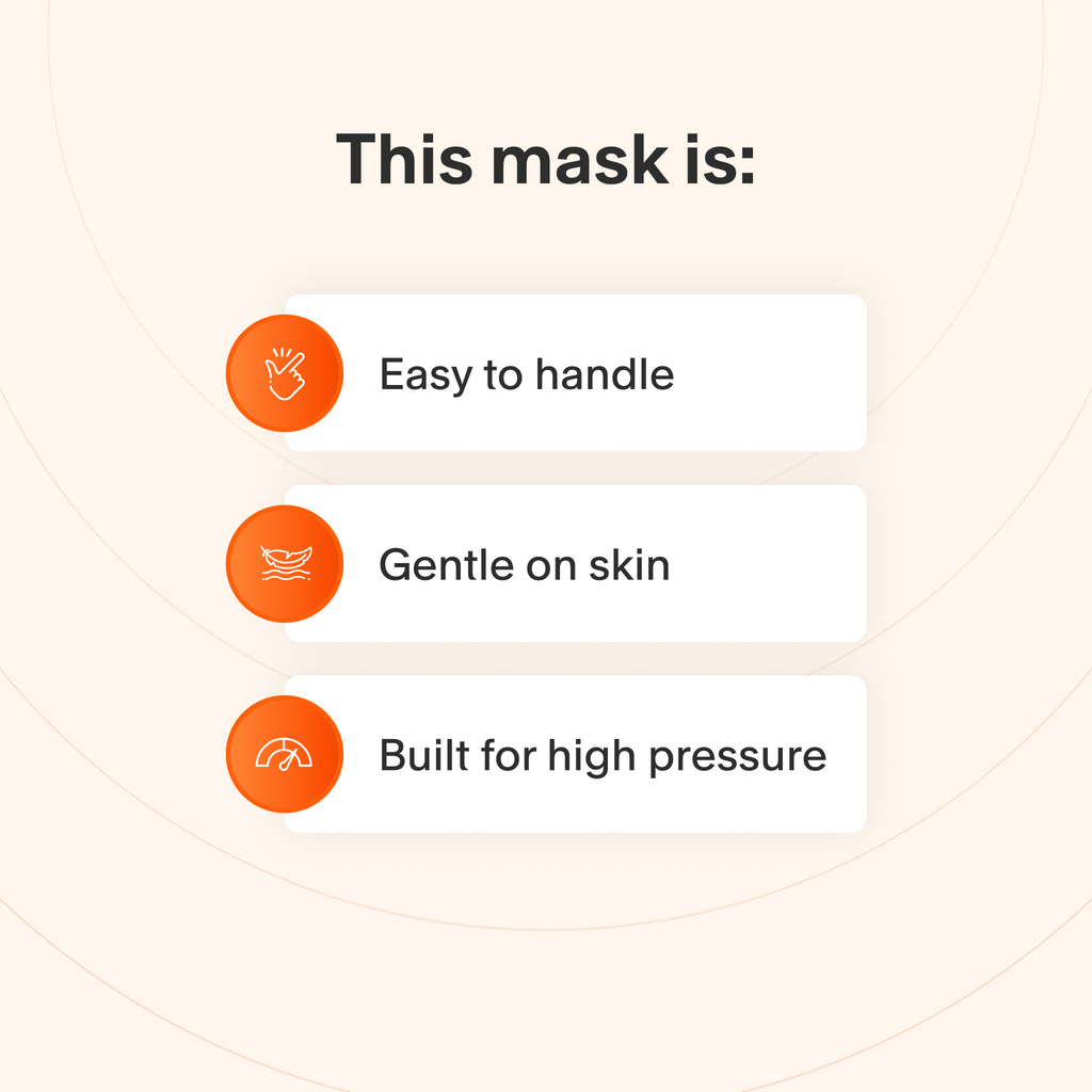 This mask is easy to take apart and make adjustments to, uses materials that are gentle for sensitive skin, and retains a reliable seal even at high therapy pressures.