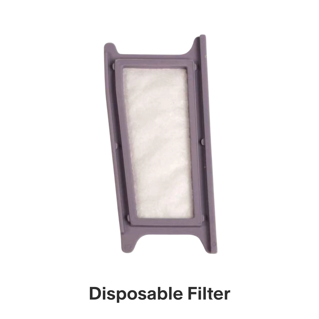 Disposable filter for sleeping.com DreamStation, featuring a white fiber medium in a purple frame.