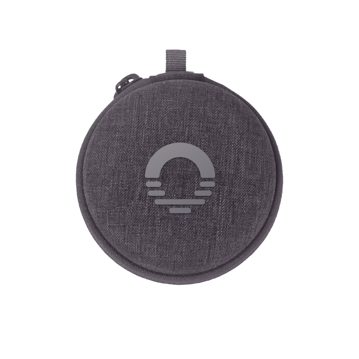 Ozlo travel case, grey textured circular protective case with brand logo and carrying loop.