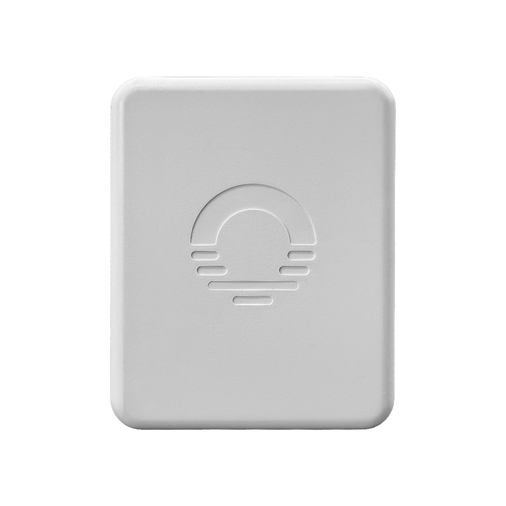Ozlo USB-C charging block, white square top view with embossed circular logo.