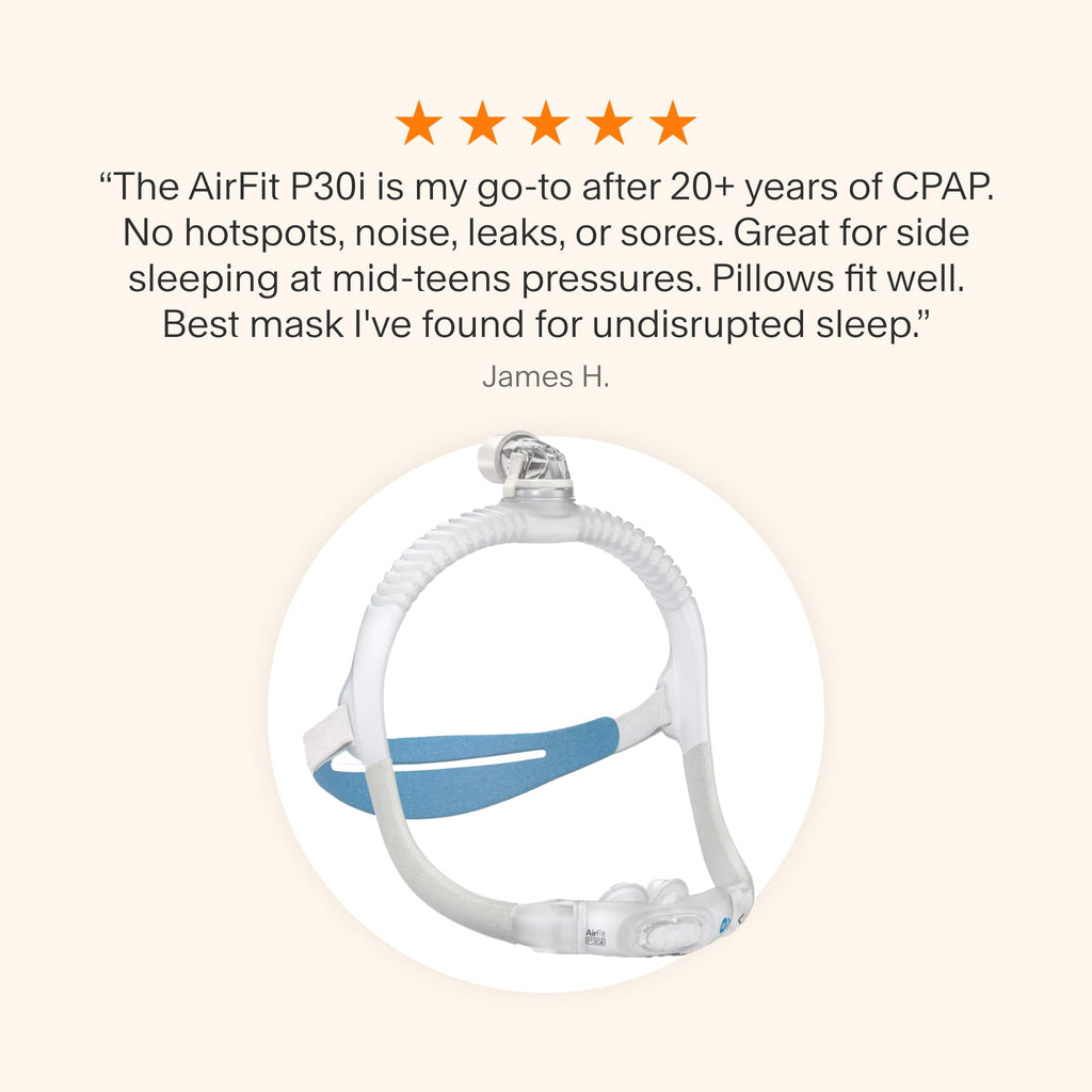 ResMed AirFit P30i nasal pillow CPAP mask with white headgear and blue strap against a light background.