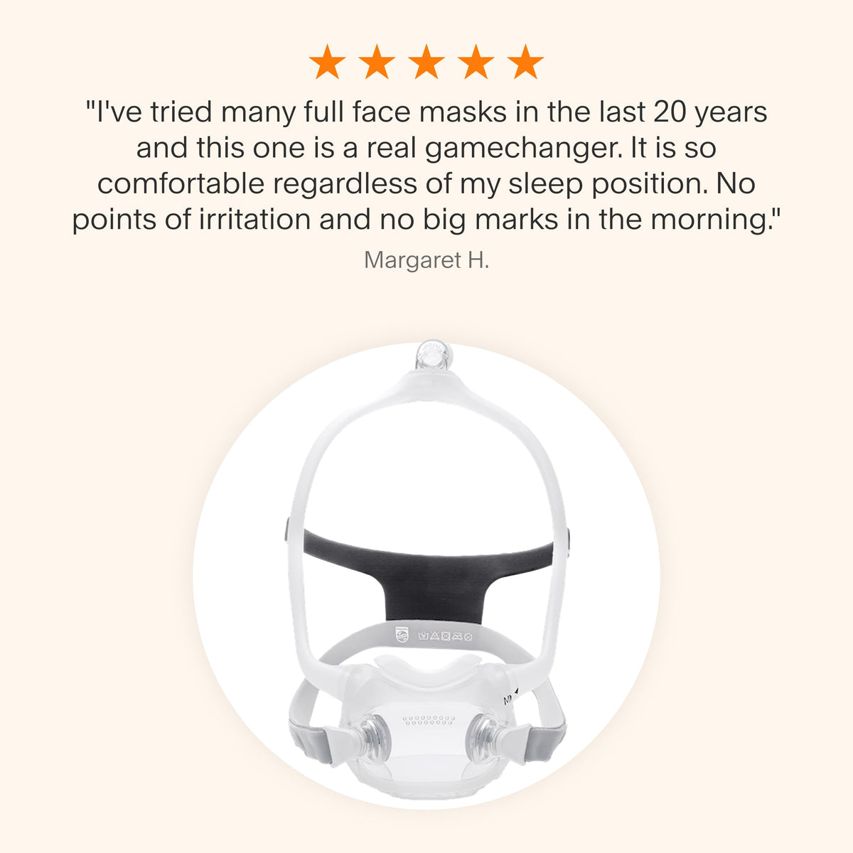 Testimonial for DreamWear Full Face mask praising all-night comfort, irritation-free fit, and versatility for any sleep position.