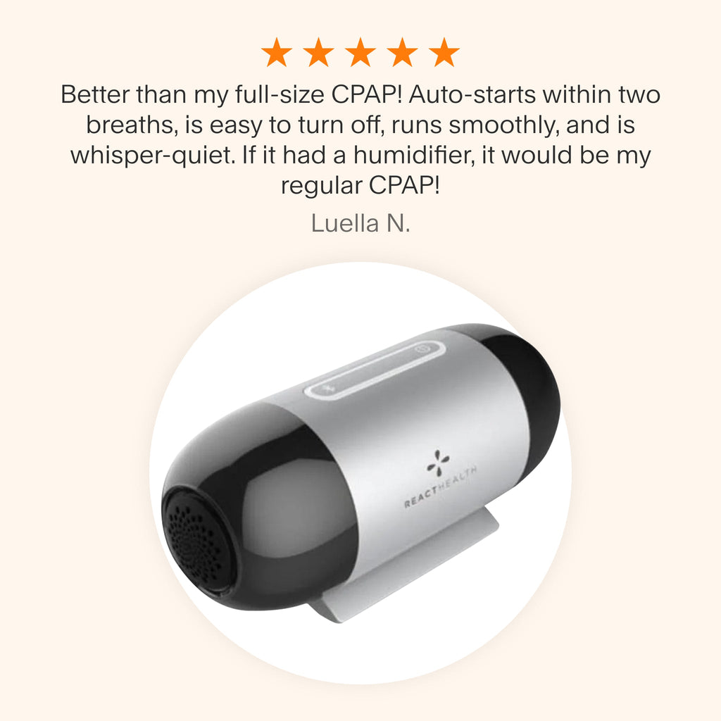 Testimonial for Luna TravelPAP praising its whisper-quiet operation, auto-start feature, and smooth performance, rivaling full-size CPAP machines.