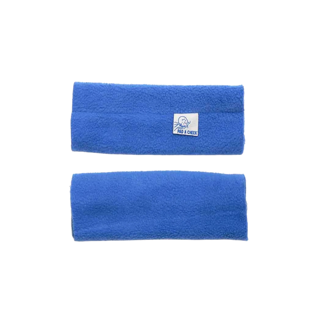 Pad A Cheek CPAP mask strap pads, pair of blue fleece cushions with brand label