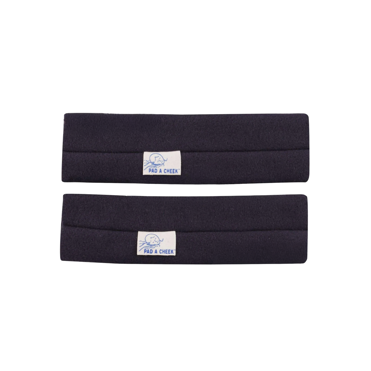 Pad A Cheek CPAP mask strap pads, pair of black fabric cushions with white brand labels