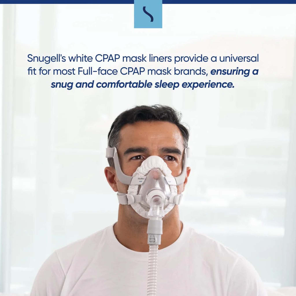 Man wearing a full-face CPAP mask with a white Snugell mask liner.