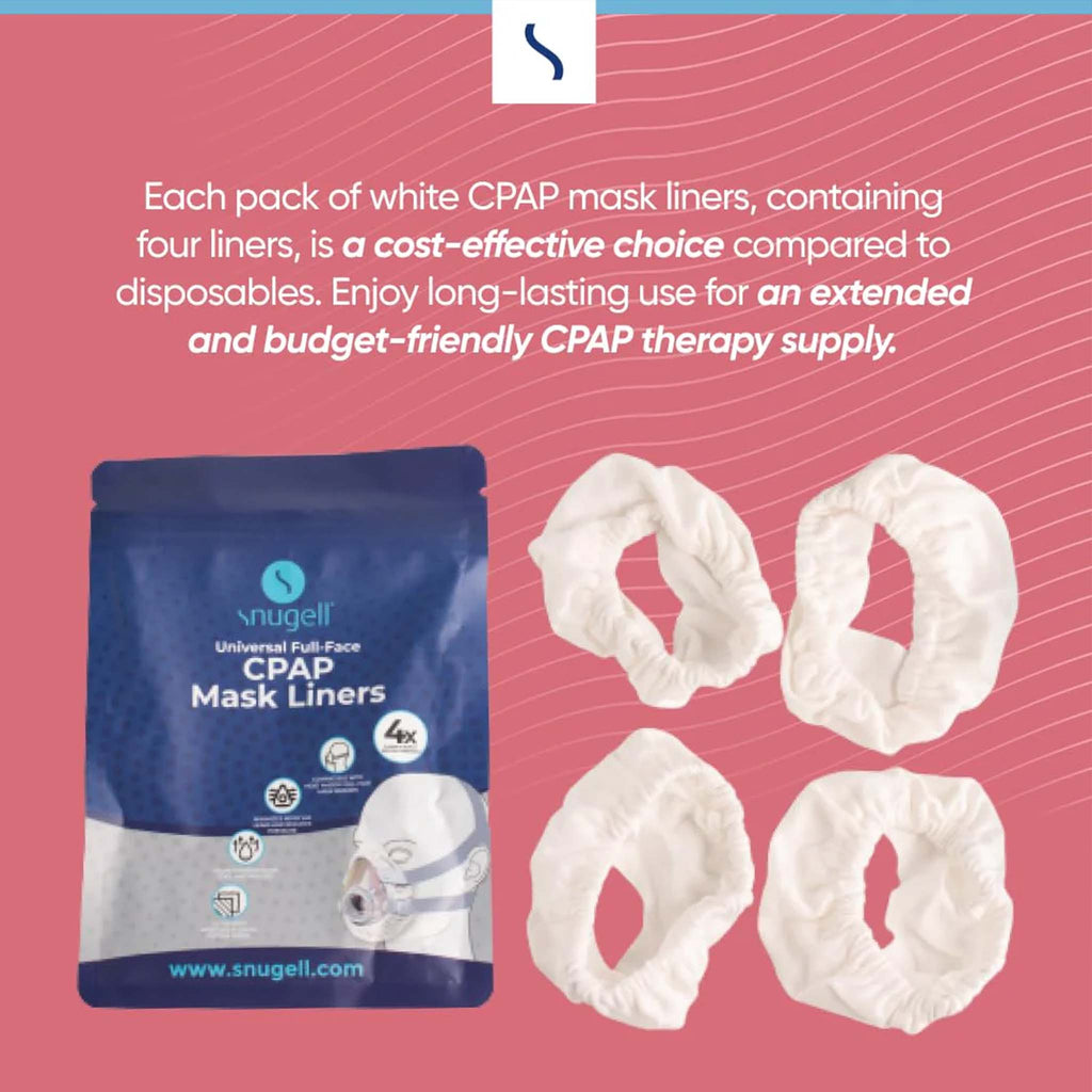 Snugell CPAP mask liners, showing a blue and white packaging bag and four white fabric liners.