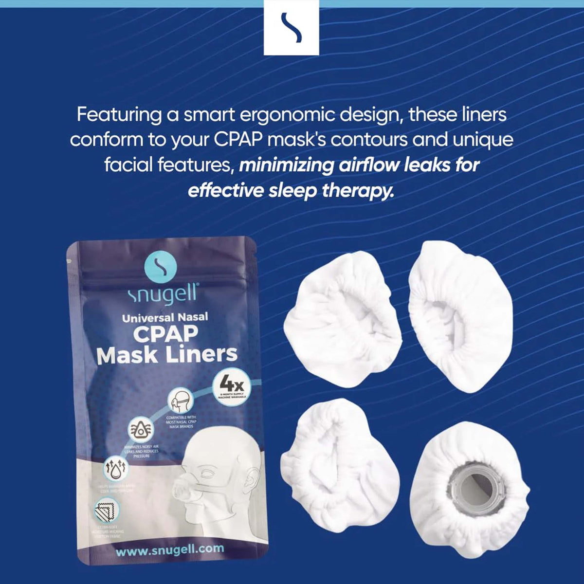 Snugell nasal CPAP mask liners in blue packaging with three white fabric liners shown from various angles.