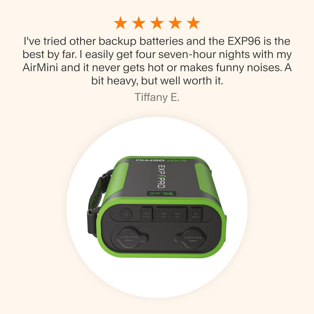 Testimonial praising the EXP96 Battery for its superior performance, providing four seven-hour nights with an AirMini, quiet operation, and reliable durability despite its weight.
