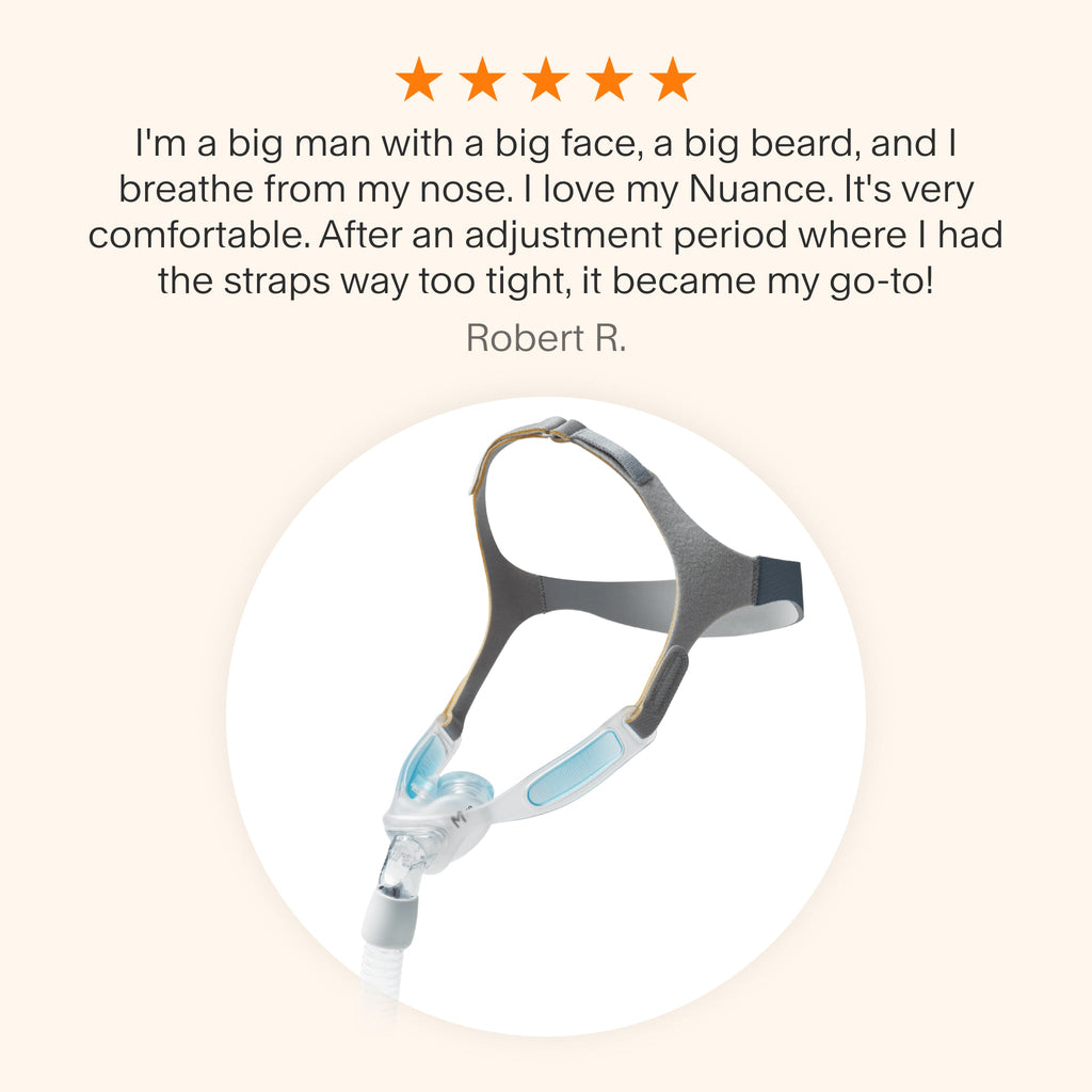 Testimonial praising the Philips Respironics Nuance CPAP Mask for its comfort and adaptability, even for users with larger faces and beards.