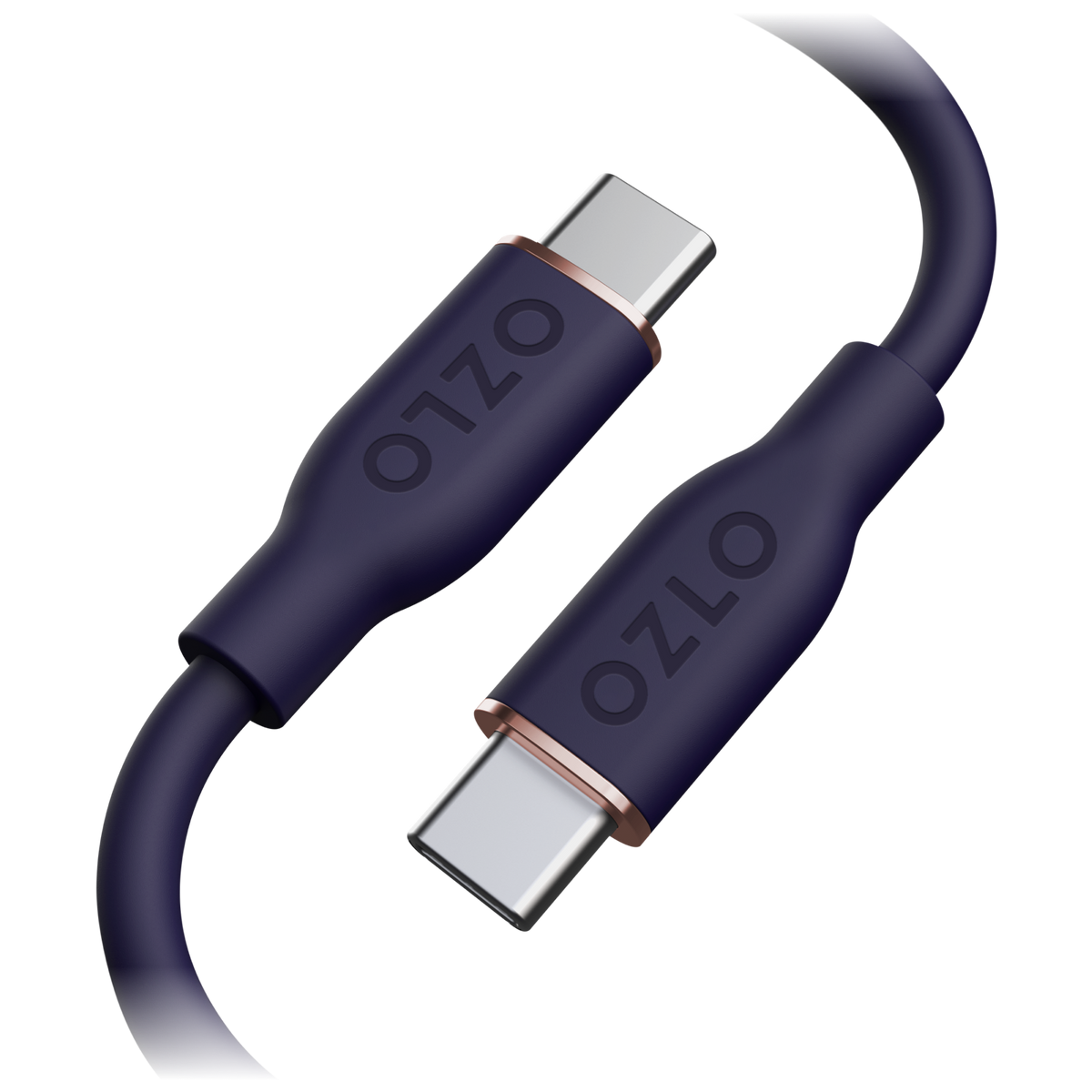 Ozlo USB-C to USB-C silicone charging cable in dark purple with rose gold accents.