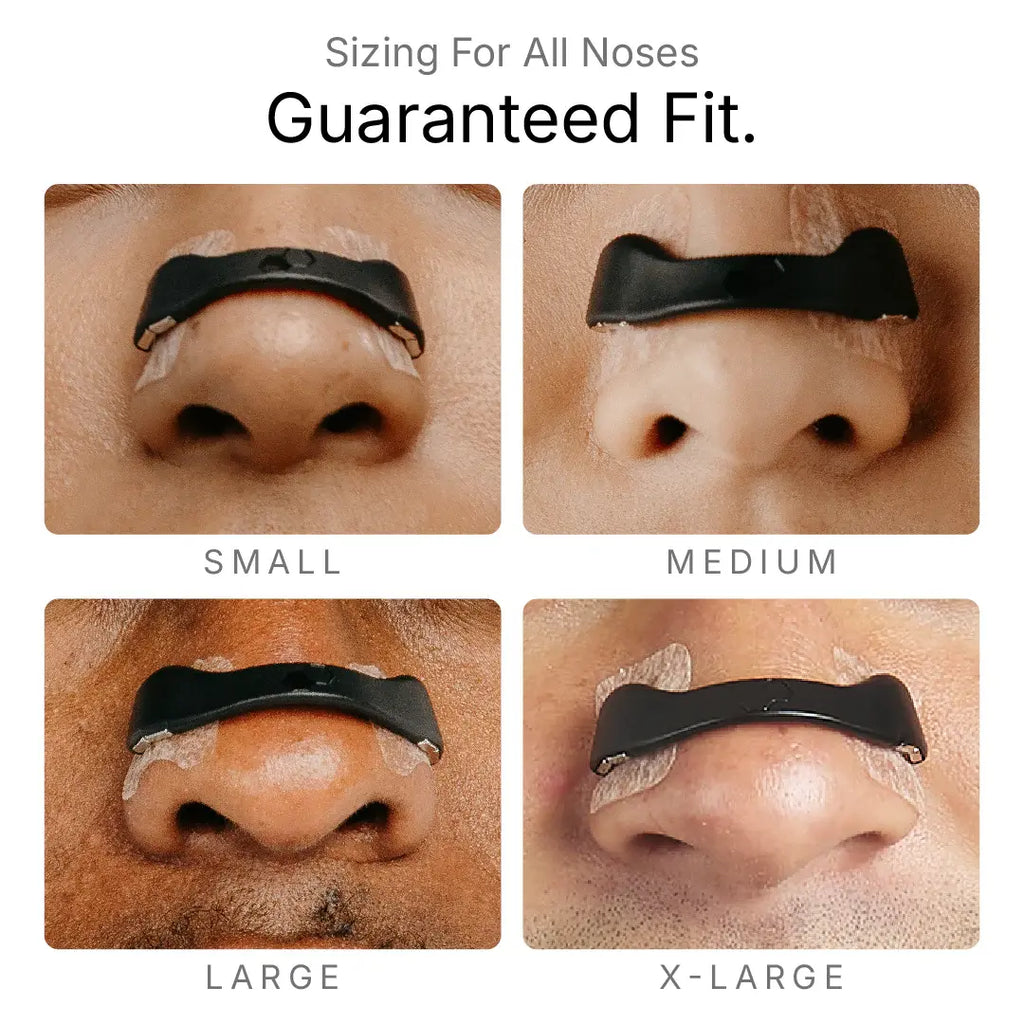 Intake Breathing Technology LLC nasal dilators in small, medium, large, and x-large sizes on noses.