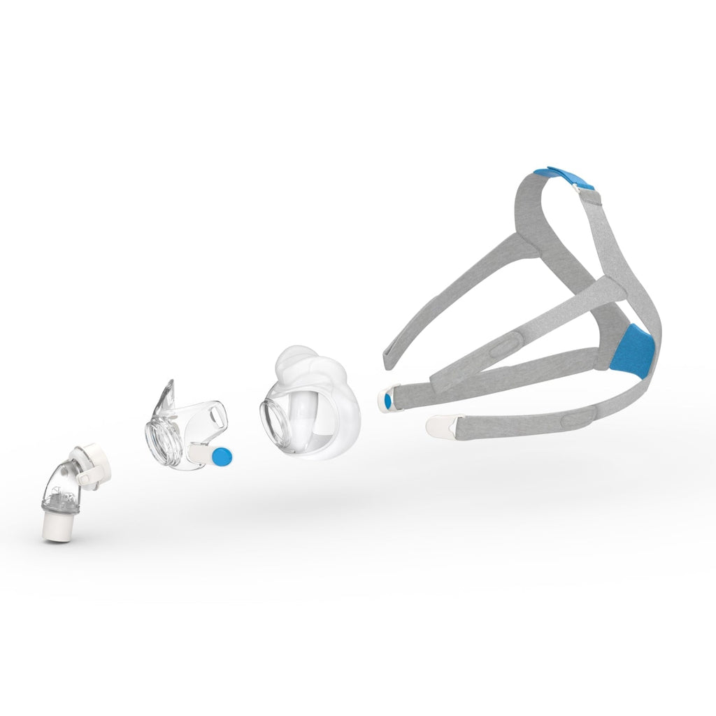 ResMed AirFit F30 full face mask shown as an exploded view of its grey and blue components