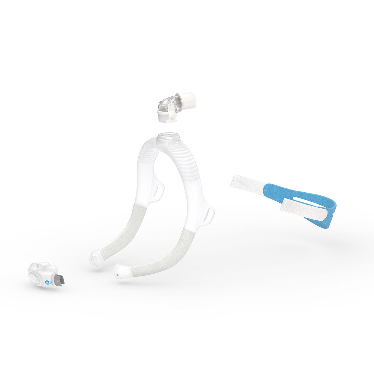 ResMed AirFit P30i nasal pillow CPAP mask components including white frame and blue headgear