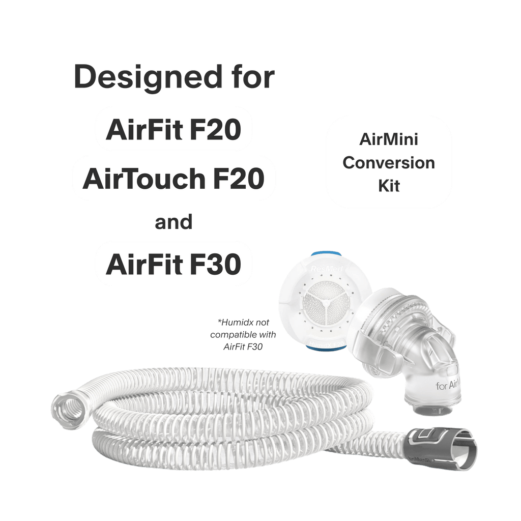 ResMed AirMini conversion kit with white corrugated tubing and HumidX waterless humidifier.