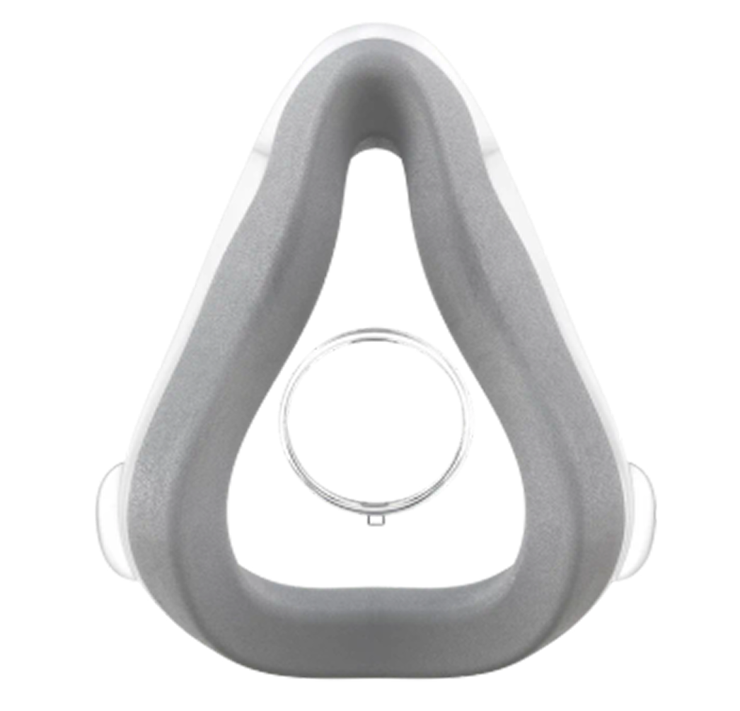 A gray and white triangular sleep mask with a clear nose valve, shown against a solid white background.