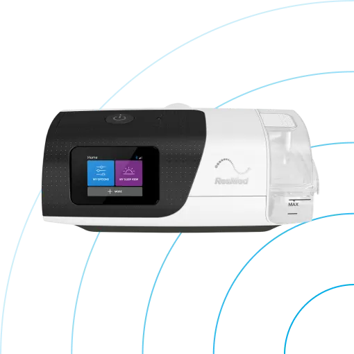 A Realimed portable oxygen concentrator shown on a white background with light blue concentric wave graphics. The device is white and black with a color touchscreen display showing 'Porta' and 'O2 STATUS' options.