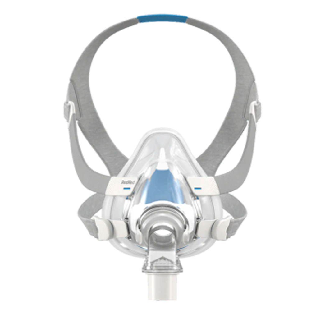 A full-face mask with a gray adjustable head strap, clear plastic face cup, blue inner lining, and a white connector tube, shown on a plain white background.